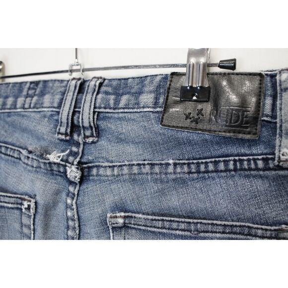 XXX Rude Button Fly Skinny Jeans Men 30 / 34 Distressed Ripped Blue Denim - Picture 14 of 14